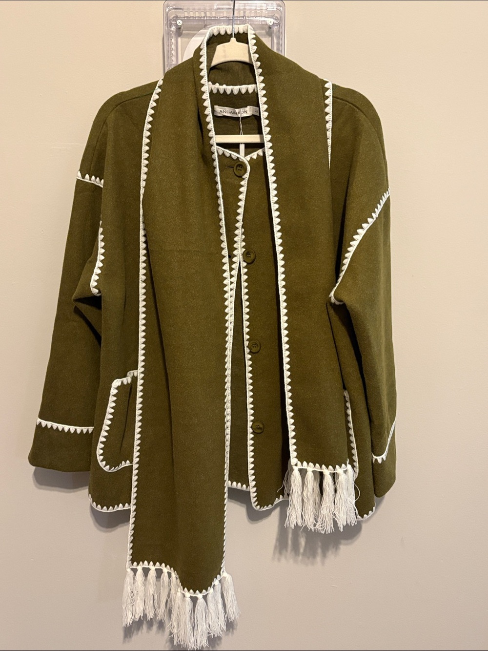 Angashion Size Large Olive Green Fringe-Trim Wool Jacket with Contrast Stitching
